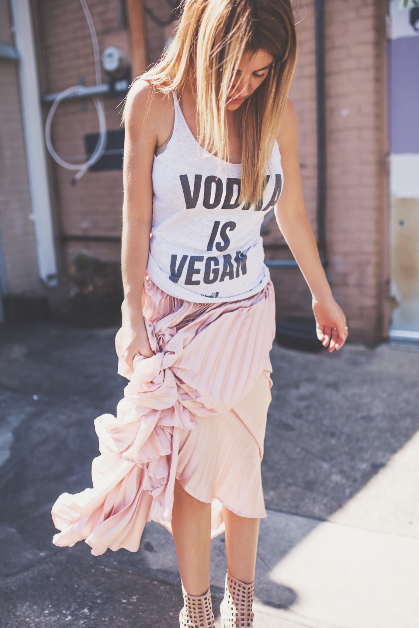 vodka is vegan tank top by vegan bros, cage booties with pleated maxi from sheen